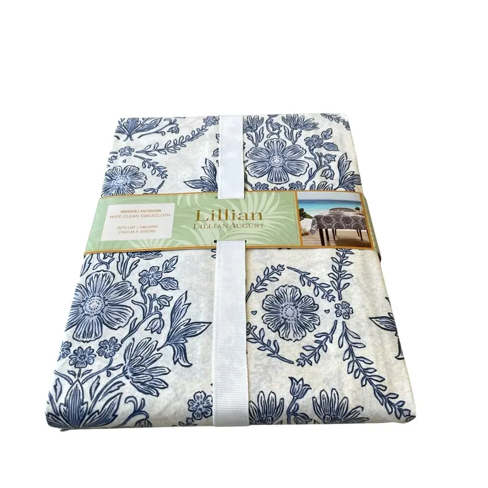 Lillian August Floral Easy Care Indoor Outdoor Tablecloth 60x120 Blue White NEW